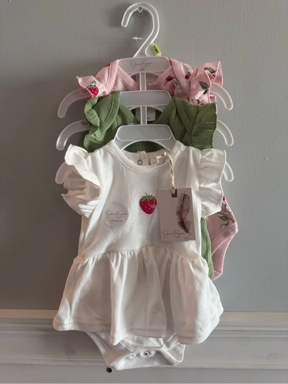 NWT 3-Piece Baby Girl Romper Set with Strawberry Accent - White, Green, Pink